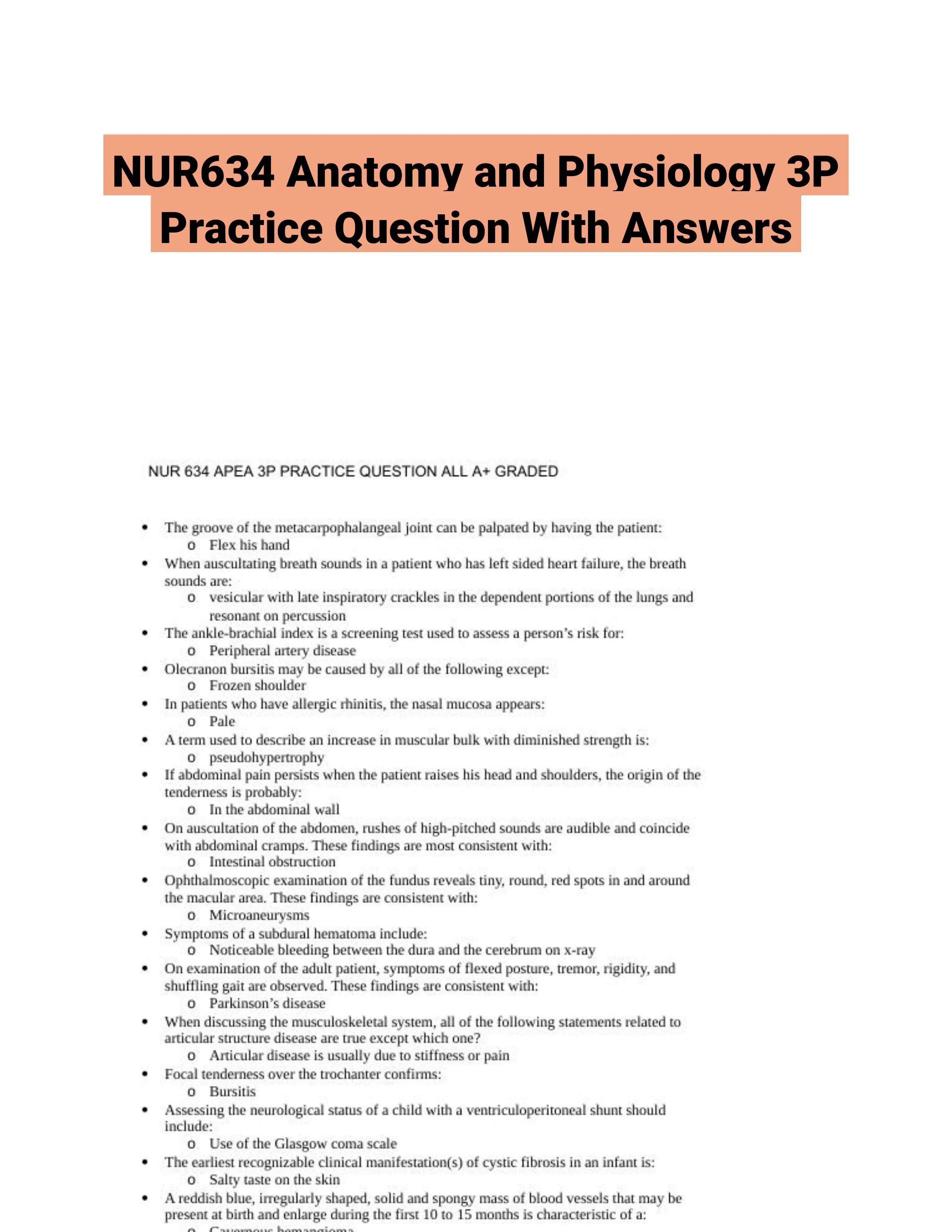 NUR634 Anatomy and Physiology 3P Practice Question With Answers (619 Solved Questions)