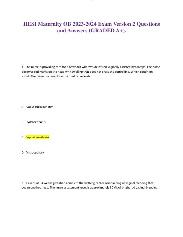 2023-2024 HESI Maternity OB Test Question Version 2 With Answers (49 Solved Questions)