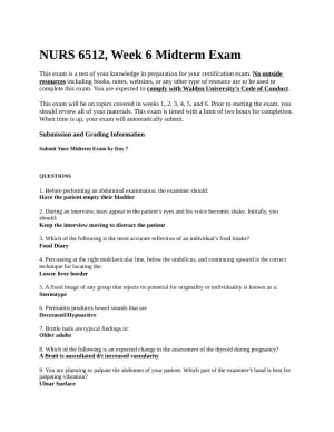NURS6512 Walden University Clinical Analysis Midterm Exam Week 6 With Answers (200 Solved Questions)