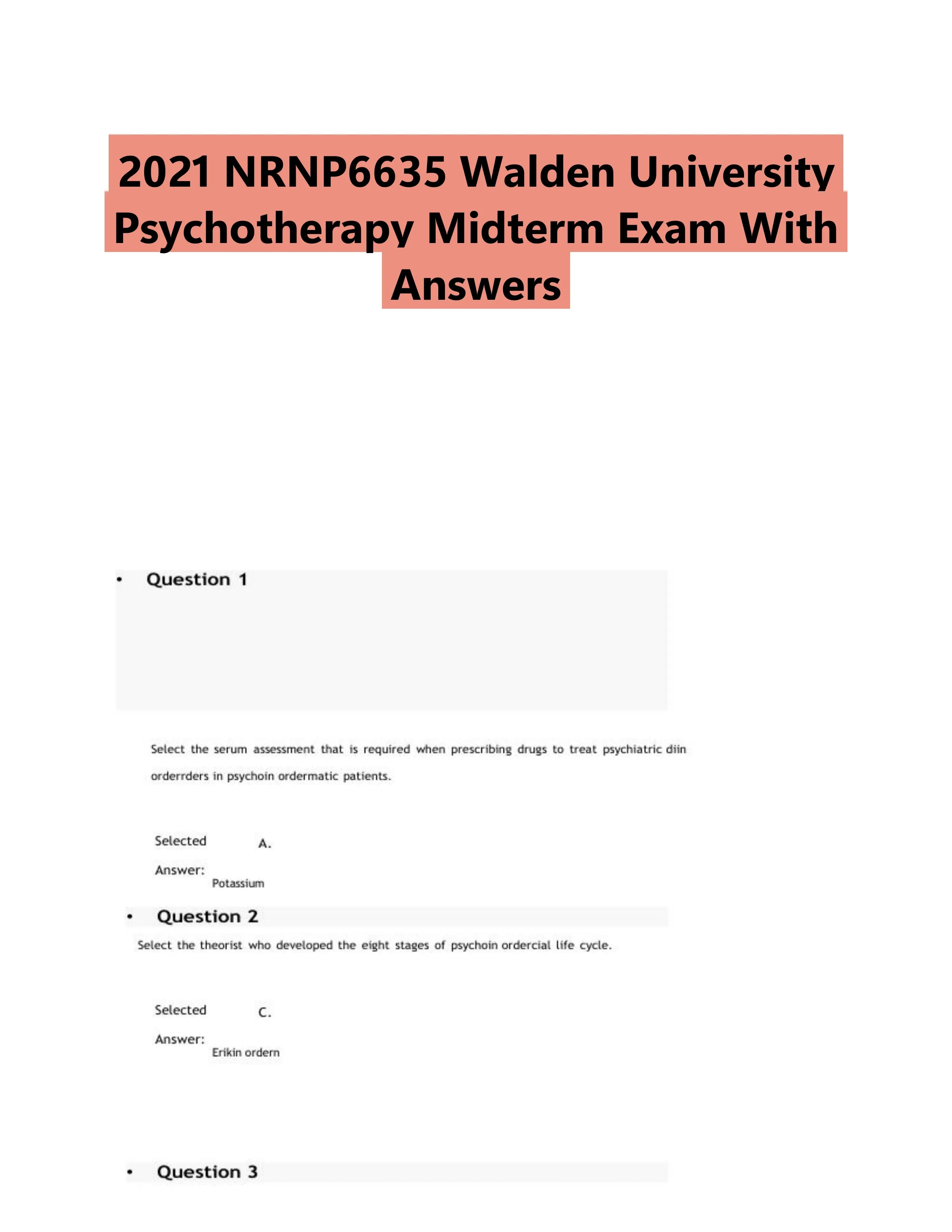 2021 NRNP6635 Walden University Psychotherapy Midterm Exam With Answers (200 Solved Questions)