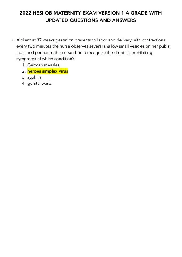 2022 HESI Maternity OB Exam Version 1 With Answers (65 Solved Questions)