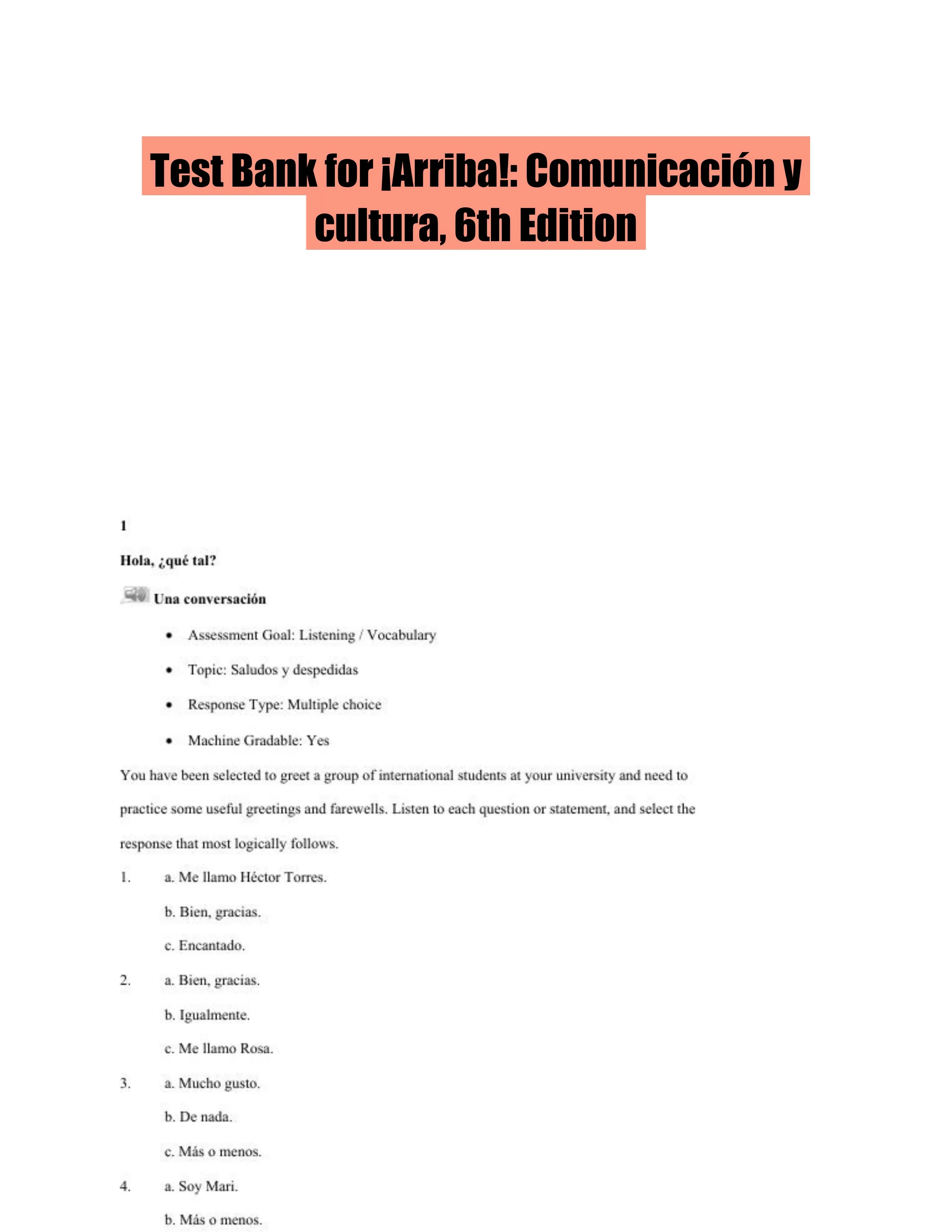 Test Bank for �Arriba!: Comunicaci�n y cultura, 6th Edition