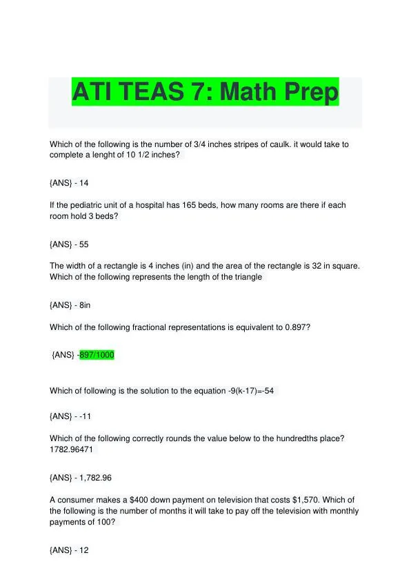 ATI Math Prep Teas Exam with Answers (50 Solved Questions)
