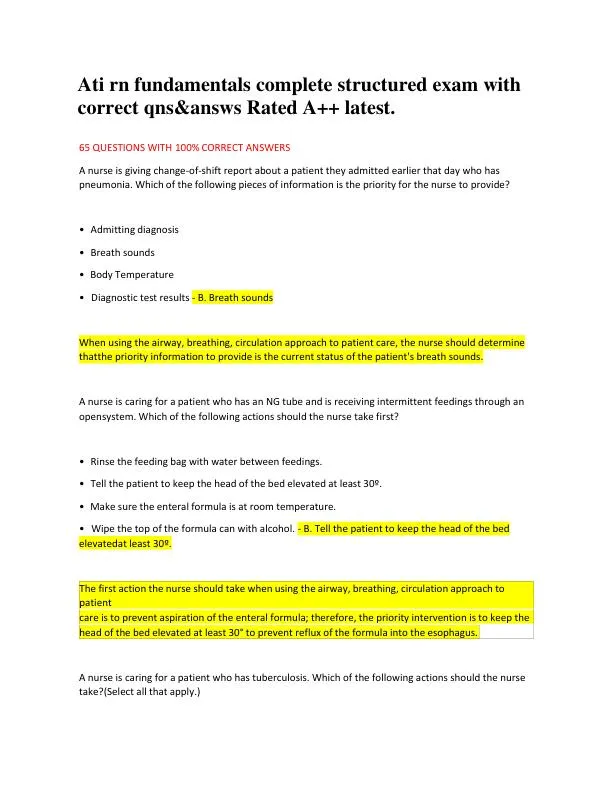 ATI RN Fundamental Practice Exam With Answers (65 Solved Questions)