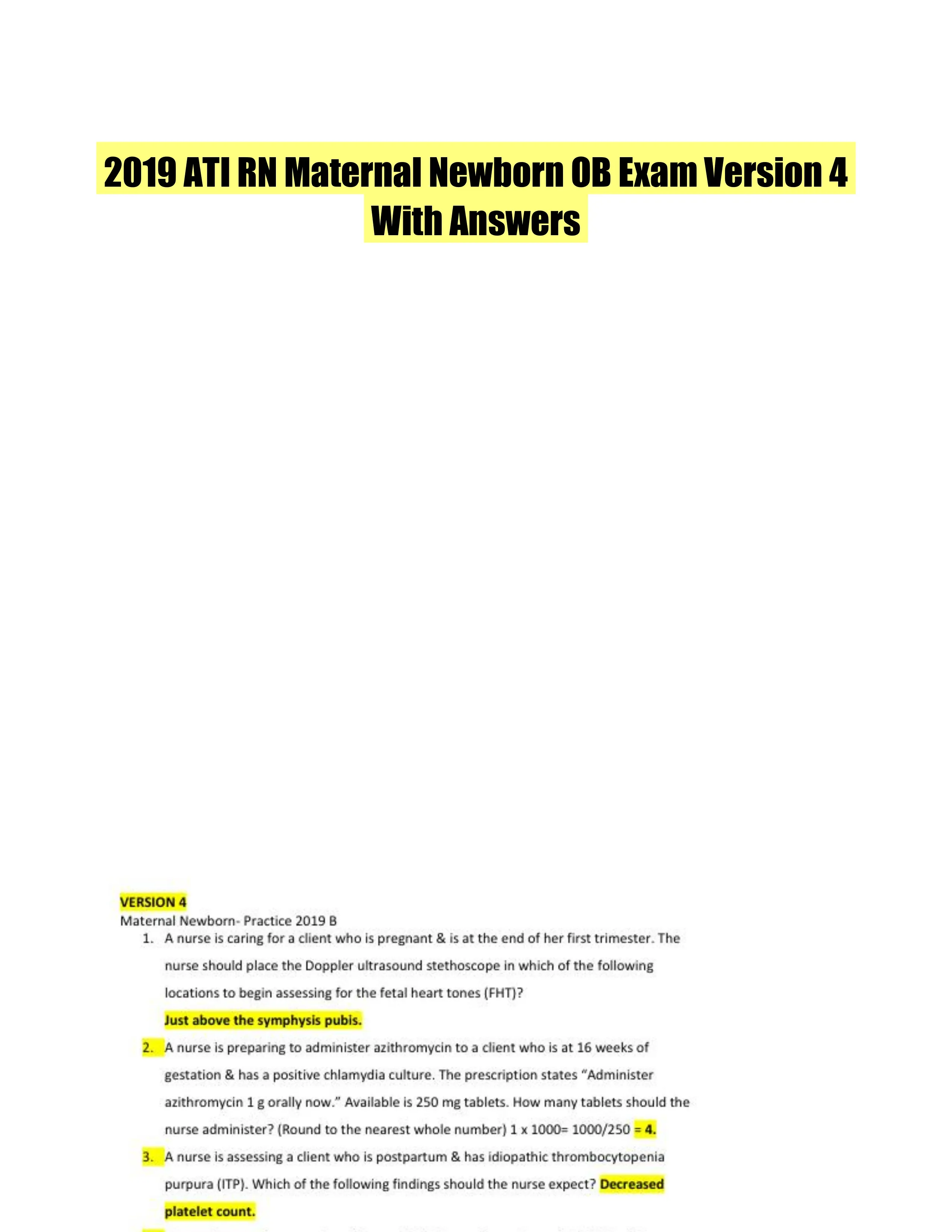 2019 ATI RN Maternal Newborn OB Exam Version 4 With Answers (59 Solved Questions)