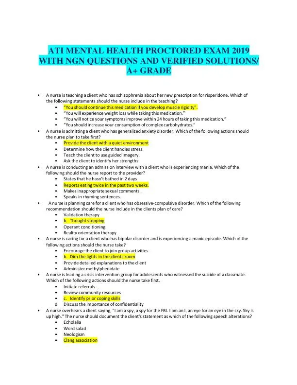 2019 ATI Mental Health Proctored Exam with Answers (139 Solved Questions)