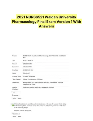 2021 NURS6521 Walden University Pharmacology Final Exam Version 1 With Answers (101 Solved Questions)