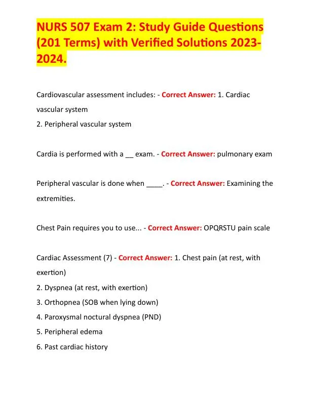 2023-2024 NURS507 Cardiovascular Study Guide With Answers (201 Solved Questions)