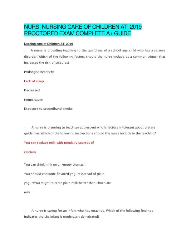 2019 NURS Nursing Care of Children Proctored Exam With Answers (69 Solved Questions)