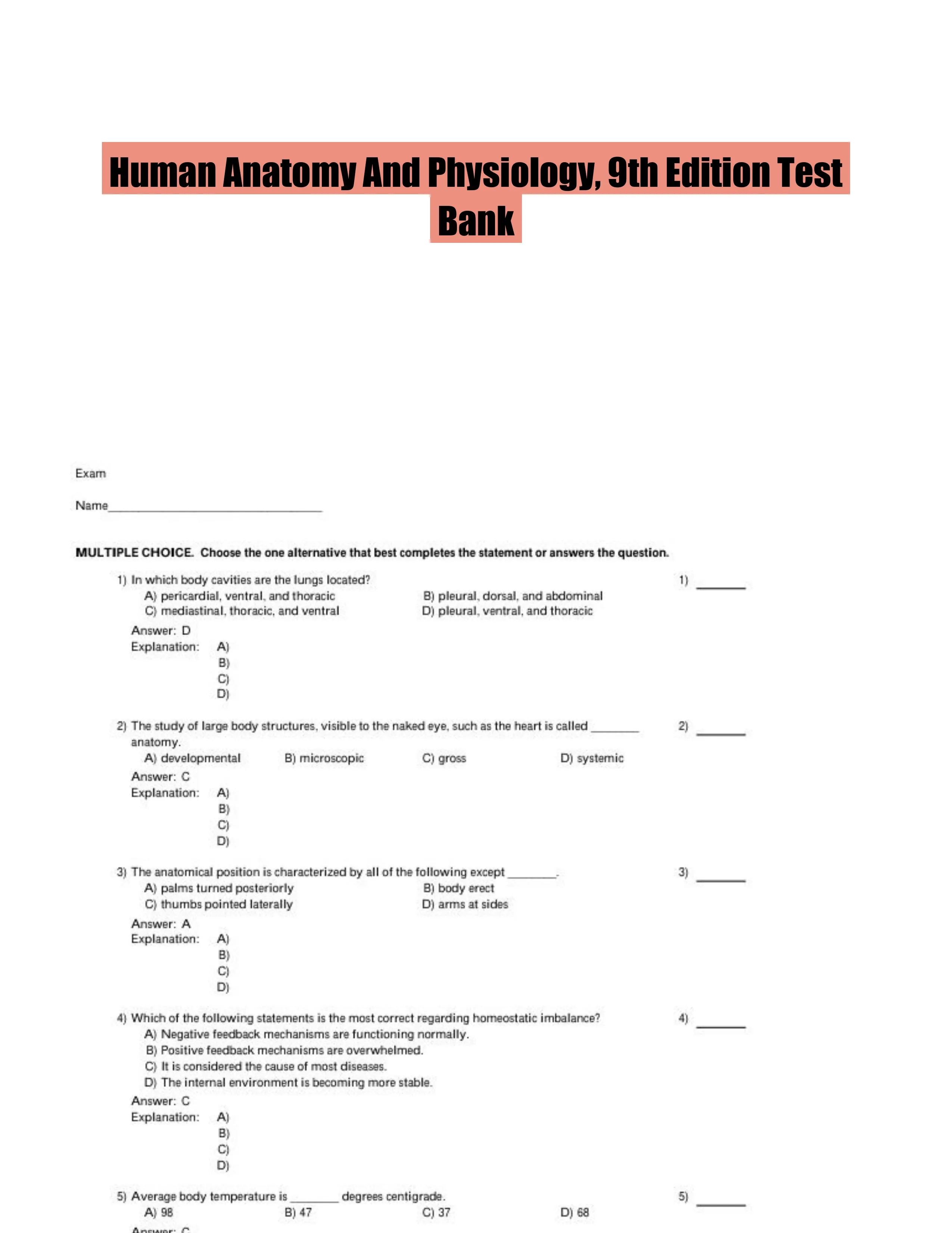 Human Anatomy And Physiology, 9th Edition Test Bank