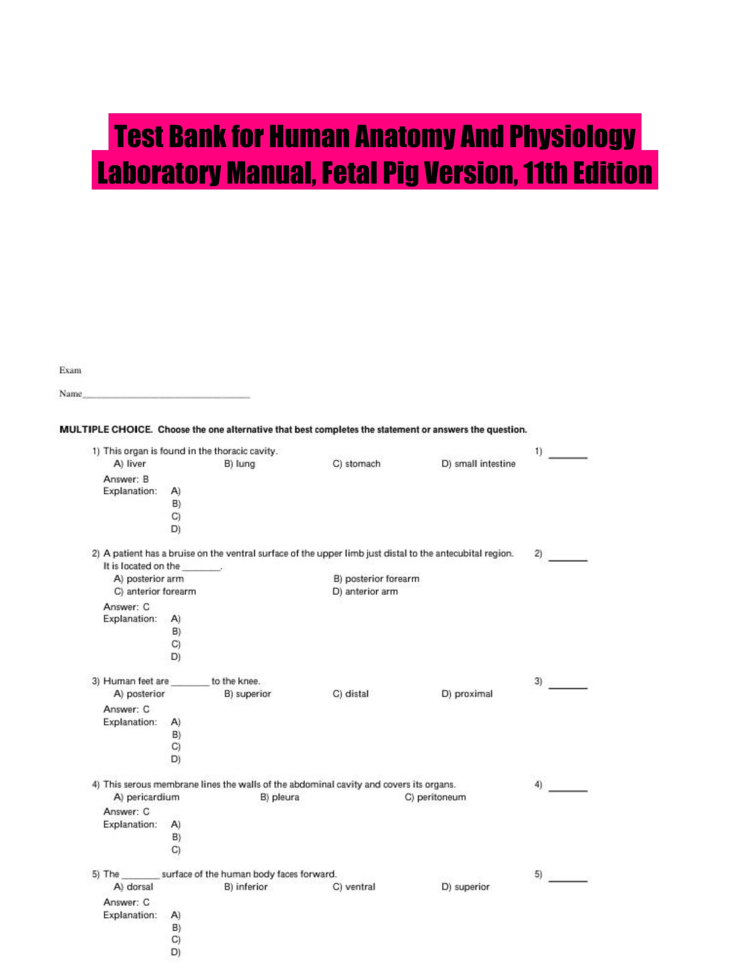 Test Bank for Human Anatomy And Physiology Laboratory Manual, Fetal Pig Version, 11th Edition