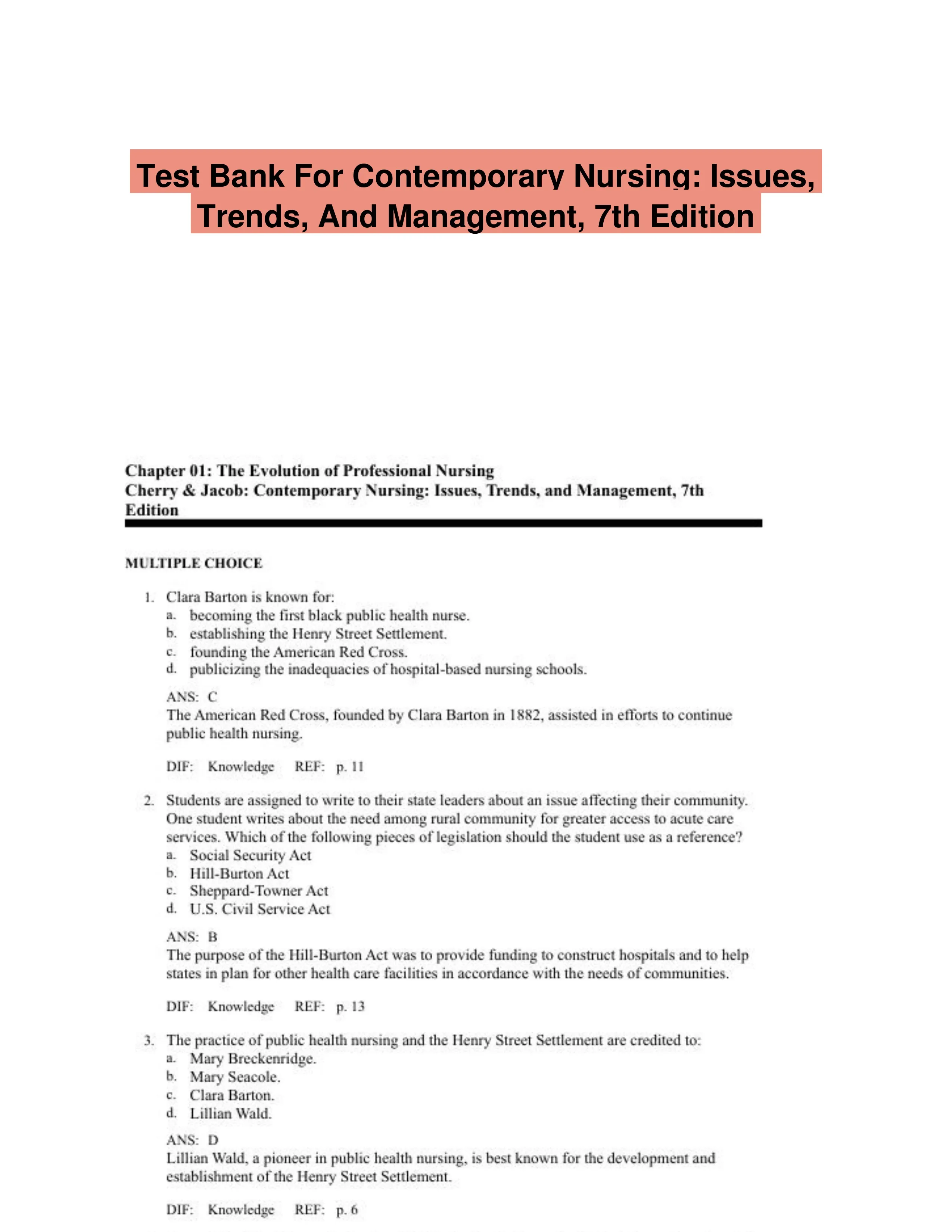 Test Bank For Contemporary Nursing: Issues, Trends, And Management, 7th Edition