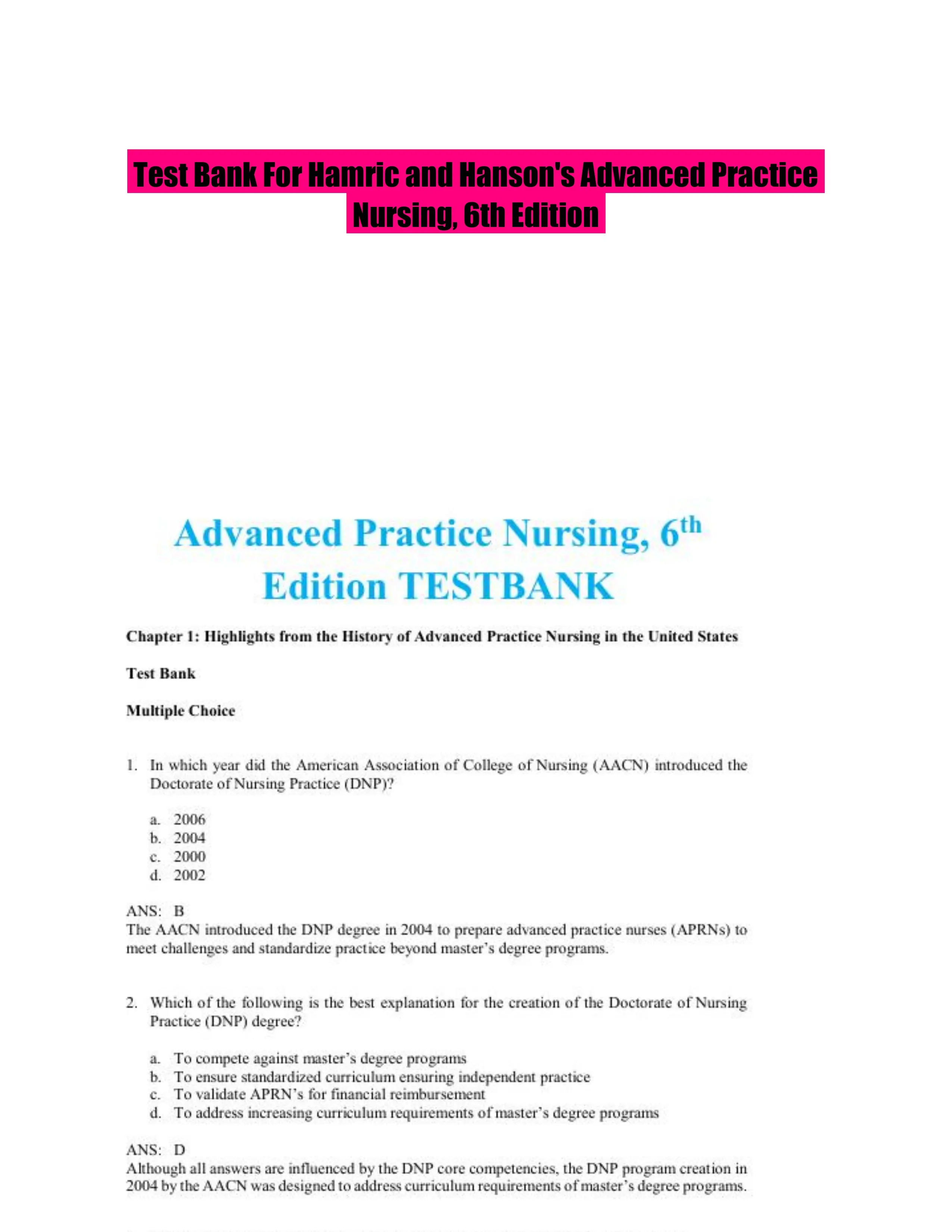 Test Bank For Hamric and Hanson's Advanced Practice Nursing, 6th Edition
