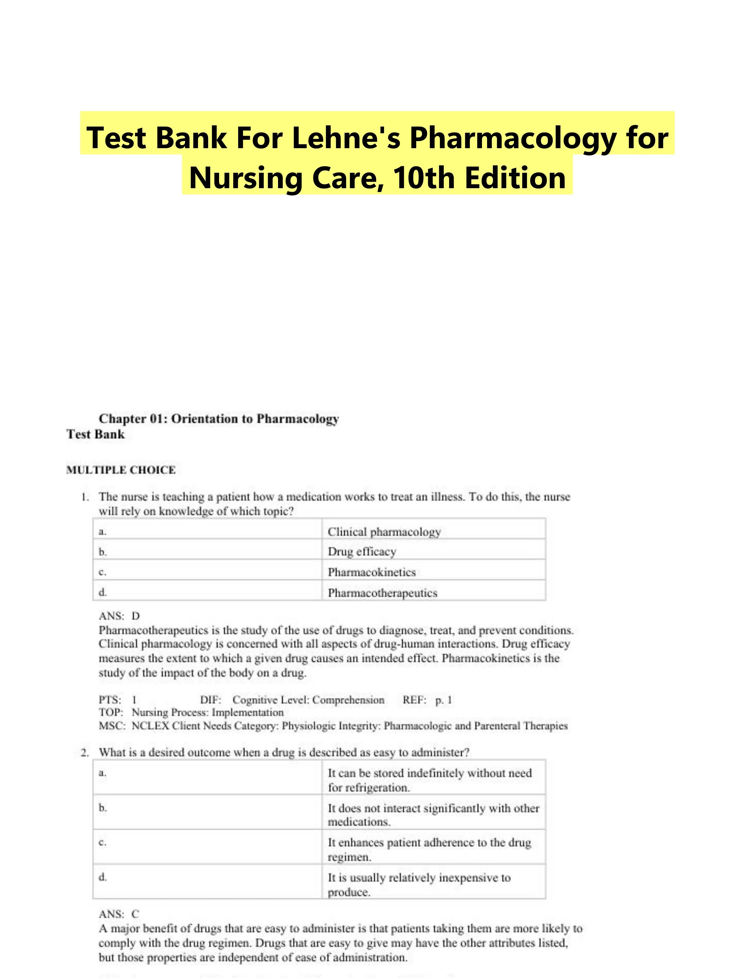 Test Bank For Lehne's Pharmacology for Nursing Care, 10th Edition