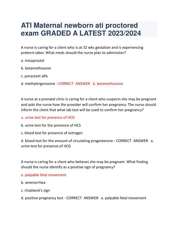 2023-2024 ATI RN Proctored Exam with Answers (224 Solved Questions)