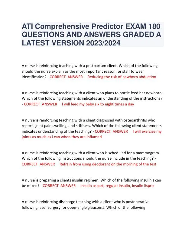 2023-2024 ATI RN Comprehensive Exam with Answers (175 Solved Questions)