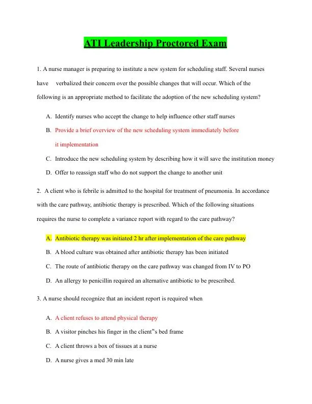 ATI Leadership Proctored Exam with Answers (70 Solved Questions)