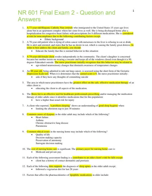 2021 NR601 Chamberlain College of Nursing Health Assessment Final Exam 2 With Answers (100 Solved Questions)