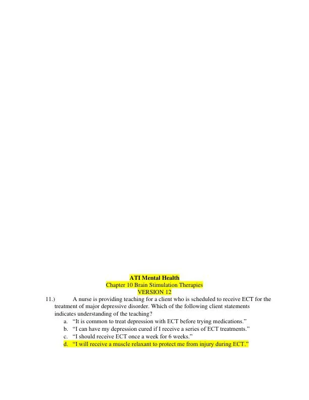 ATI Mental Health Proctored Exam with Answers (40 Solved Questions)