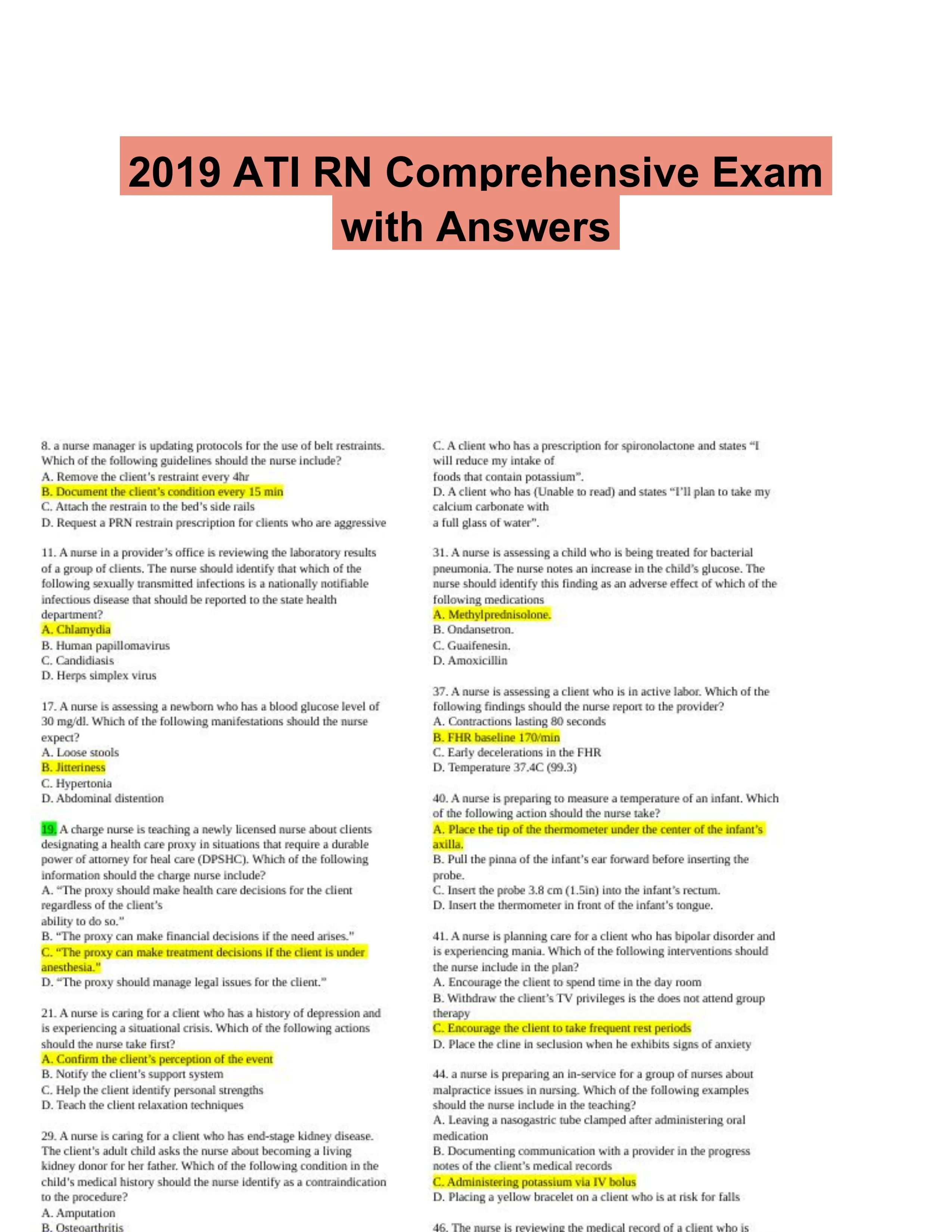 2019 ATI RN Comprehensive Exam with Answers (147 Solved Questions)