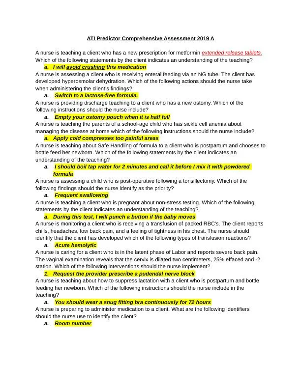 2019 ATI RN Practice Exam with Answers (60 Solved Questions)