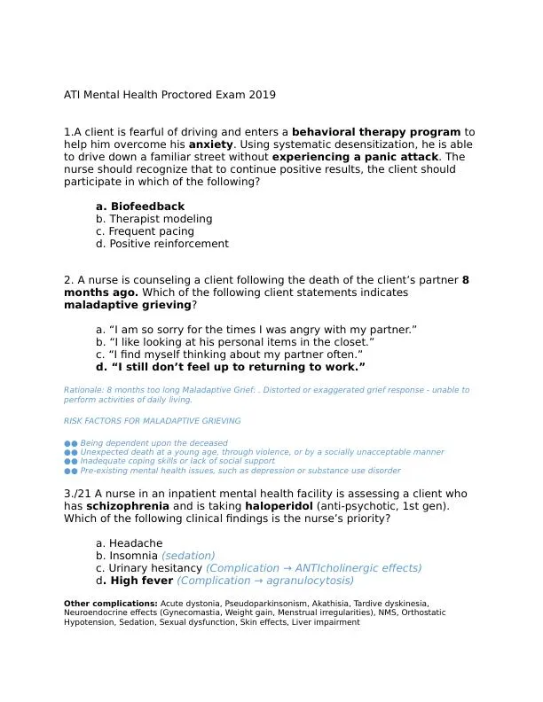2019 ATI Mental Health Proctored Exam with Answers (71 Solved Questions)