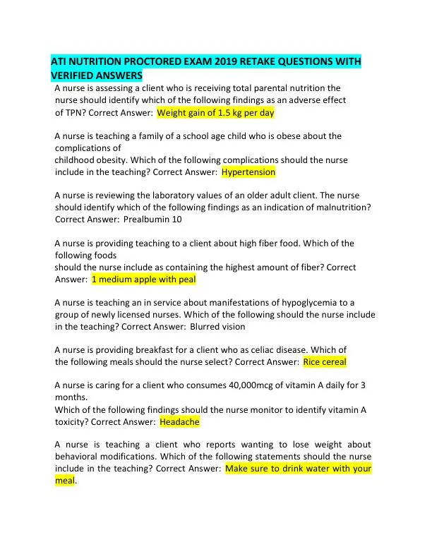 2019 ATI Nutrition Proctored Exam with Answers (99 Solved Questions)