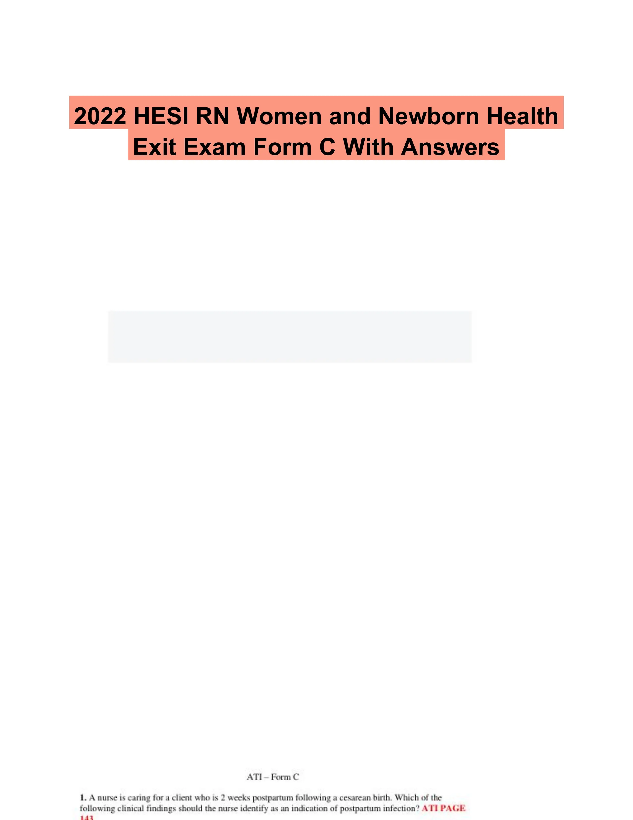 2022 HESI RN Women and Newborn Health Exit Exam Form C With Answers (70 Solved Questions)
