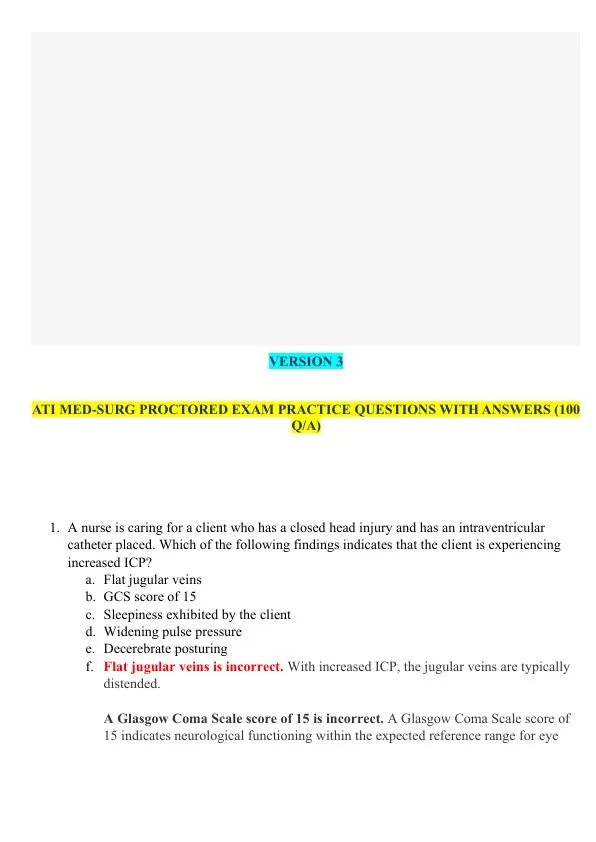 2021 HESI PN Medical surigical Proctored Exam Versions 3 With Answers (102 Solved Questions)