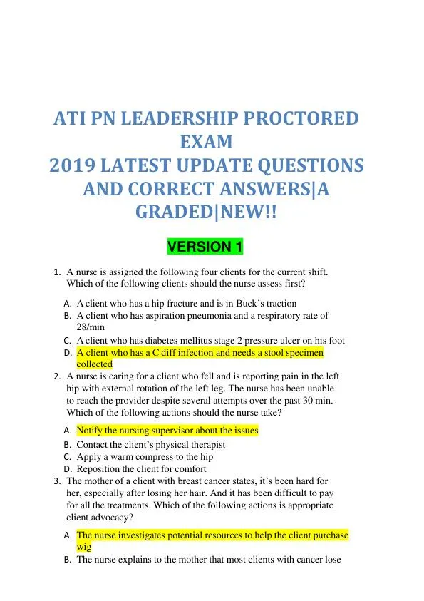 2019 ATI PN Proctored Exam with Answers (21 Solved Questions)