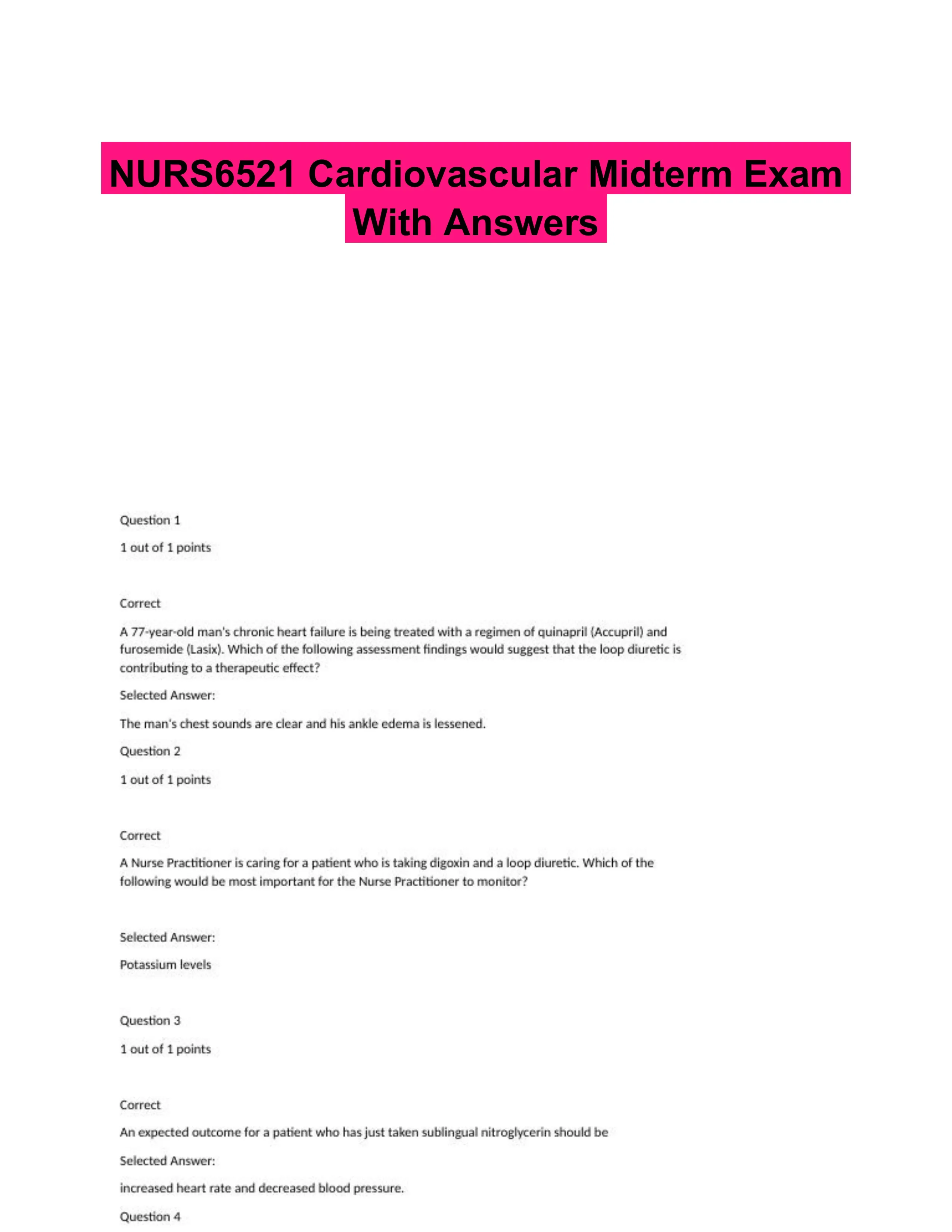 NURS6521 Cardiovascular Midterm Exam With Answers (101 Solved Questions)
