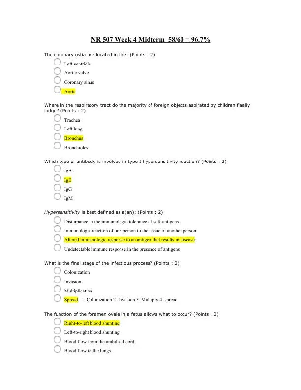 NR507 Pathophysiology Midterm Exam Week 4 With Answers (60 Solved Questions)