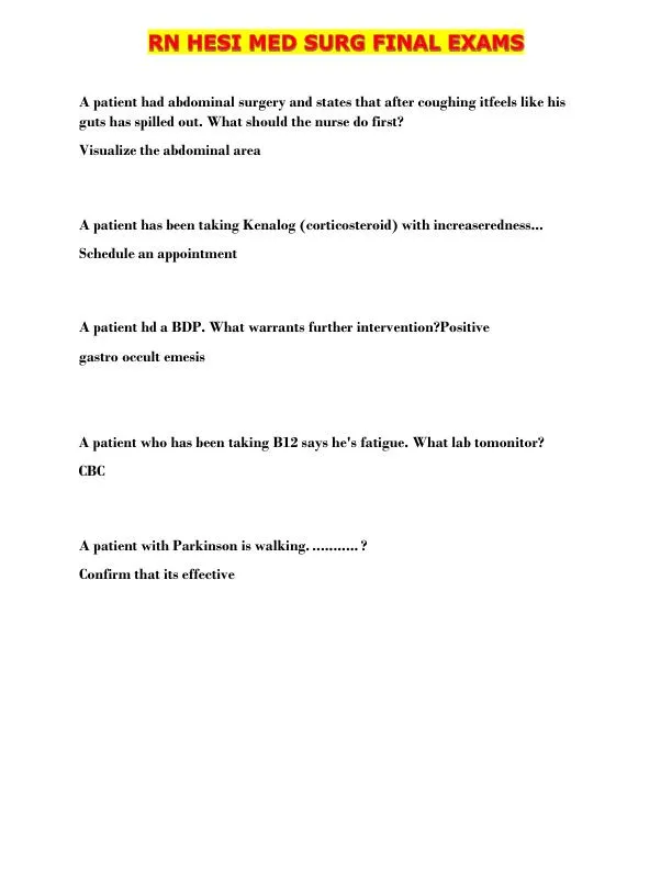 HESI RN Medical Surgical Final Exam With Answers (105 Solved Questions)