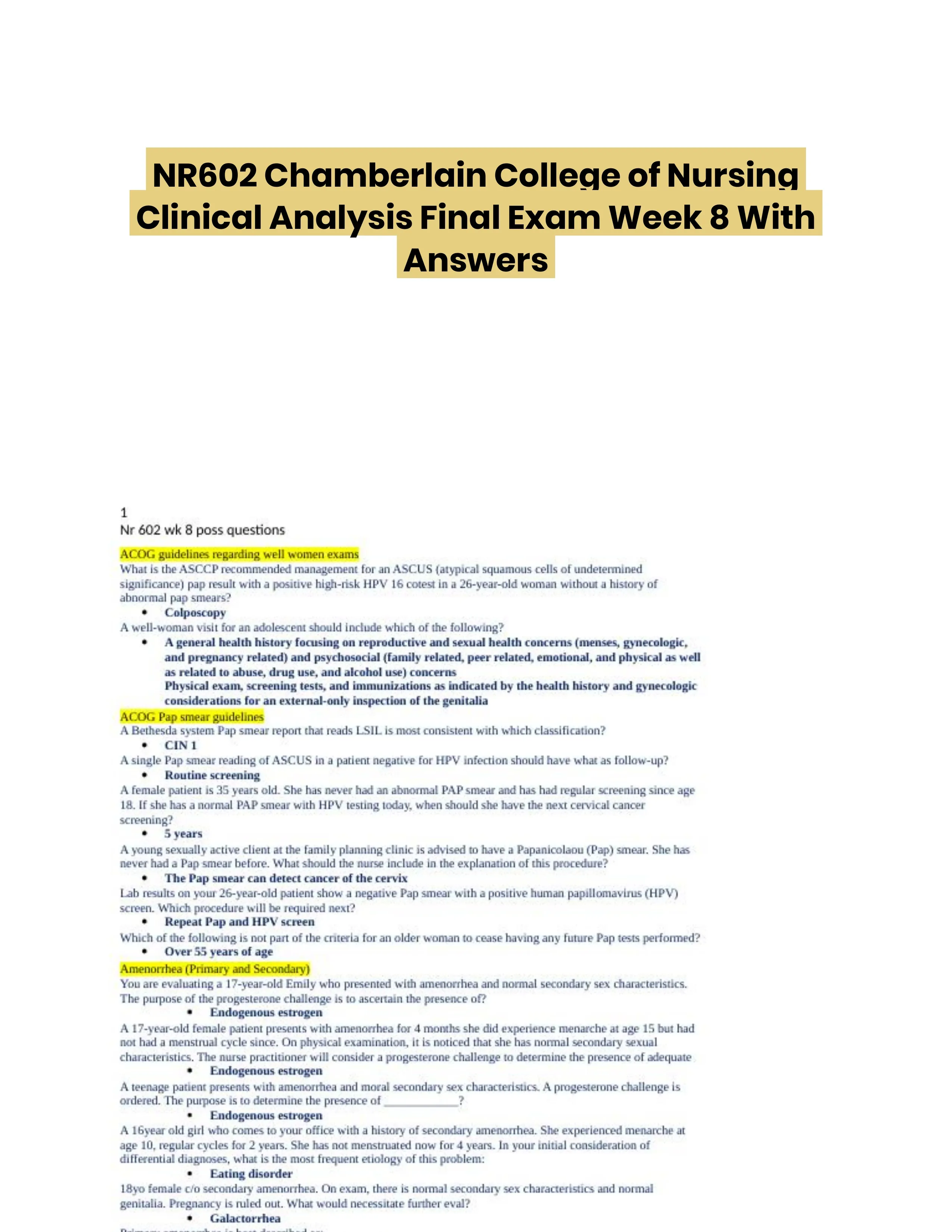 NR602 Chamberlain College of Nursing Clinical Analysis Final Exam Week 8 With Answers (115 Solved Questions)