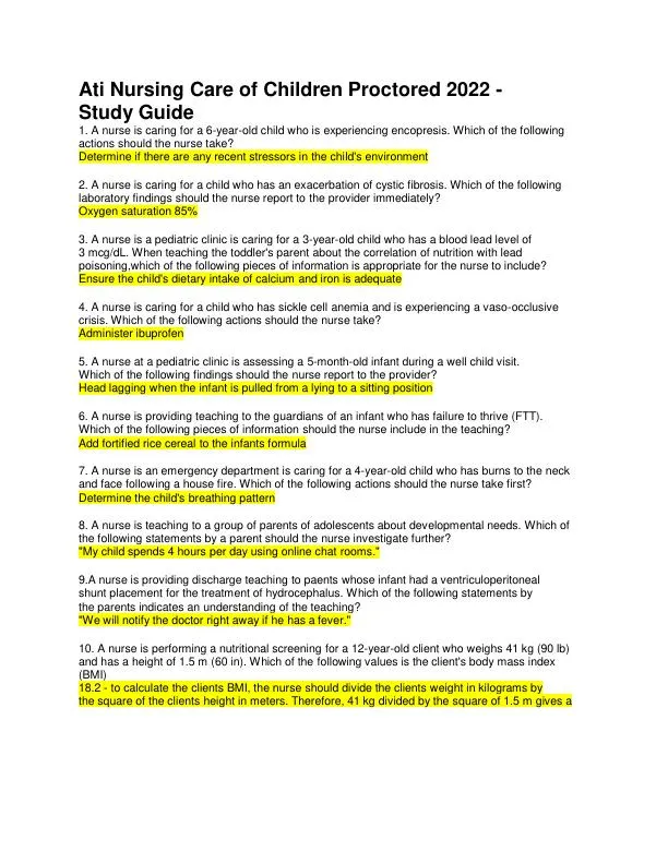 2022 ATI Pediatrics Proctored Exam with Answers (300 Solved Questions)