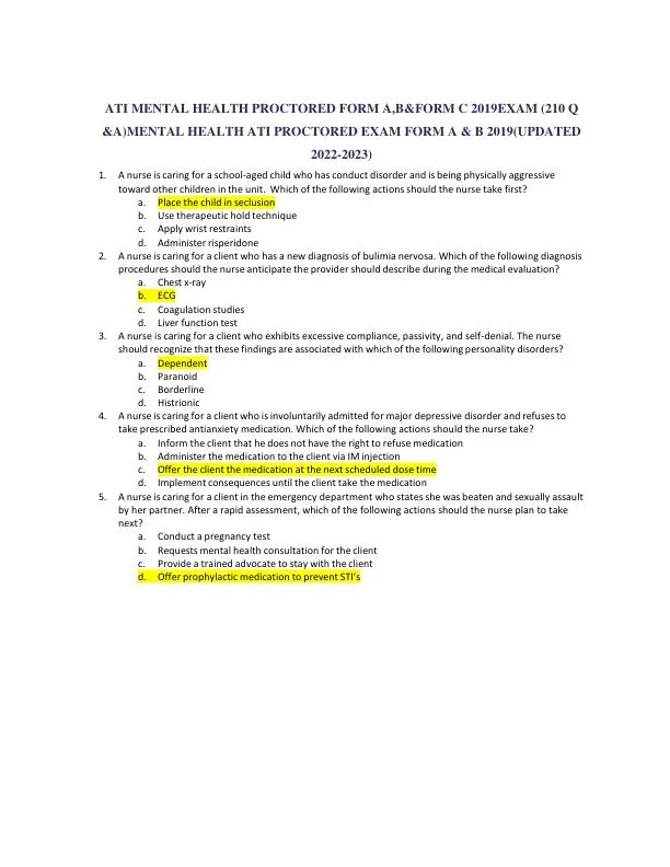 2023 ATI RN Comprehensive Exam with Answers (182 Solved Questions)