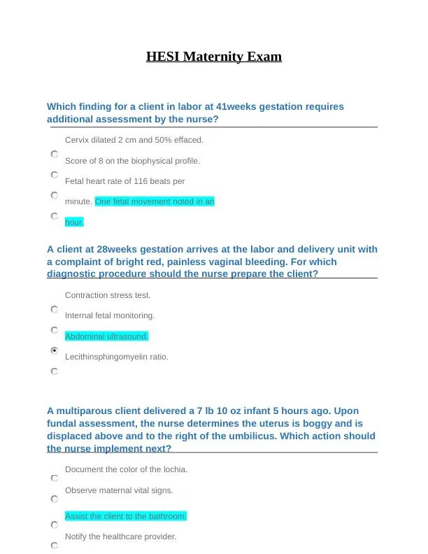 2021 HESI Maternity Practice Exam With Answers (16 Solved Questions)