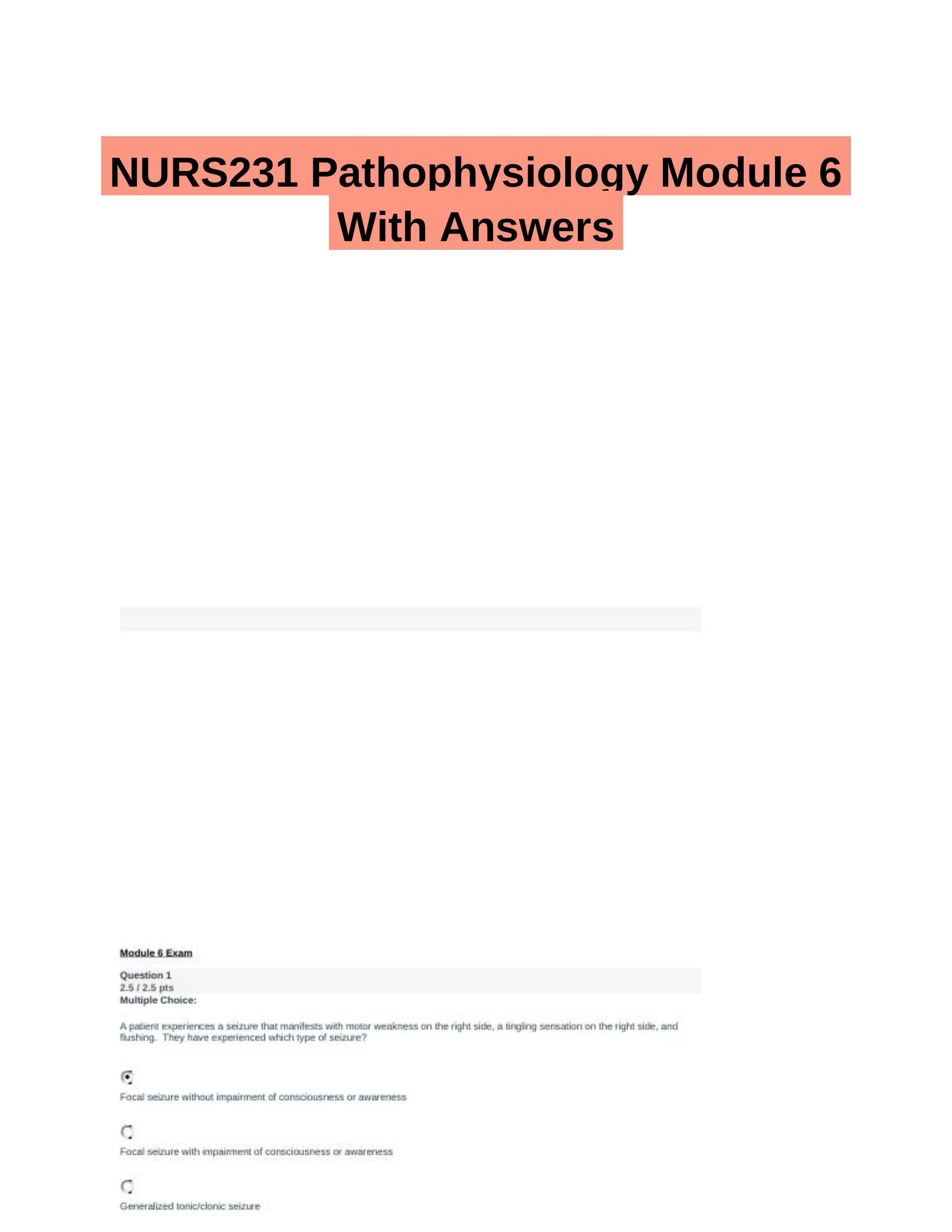 NURS231 Pathophysiology Module 6 With Answers (27 Solved Questions)