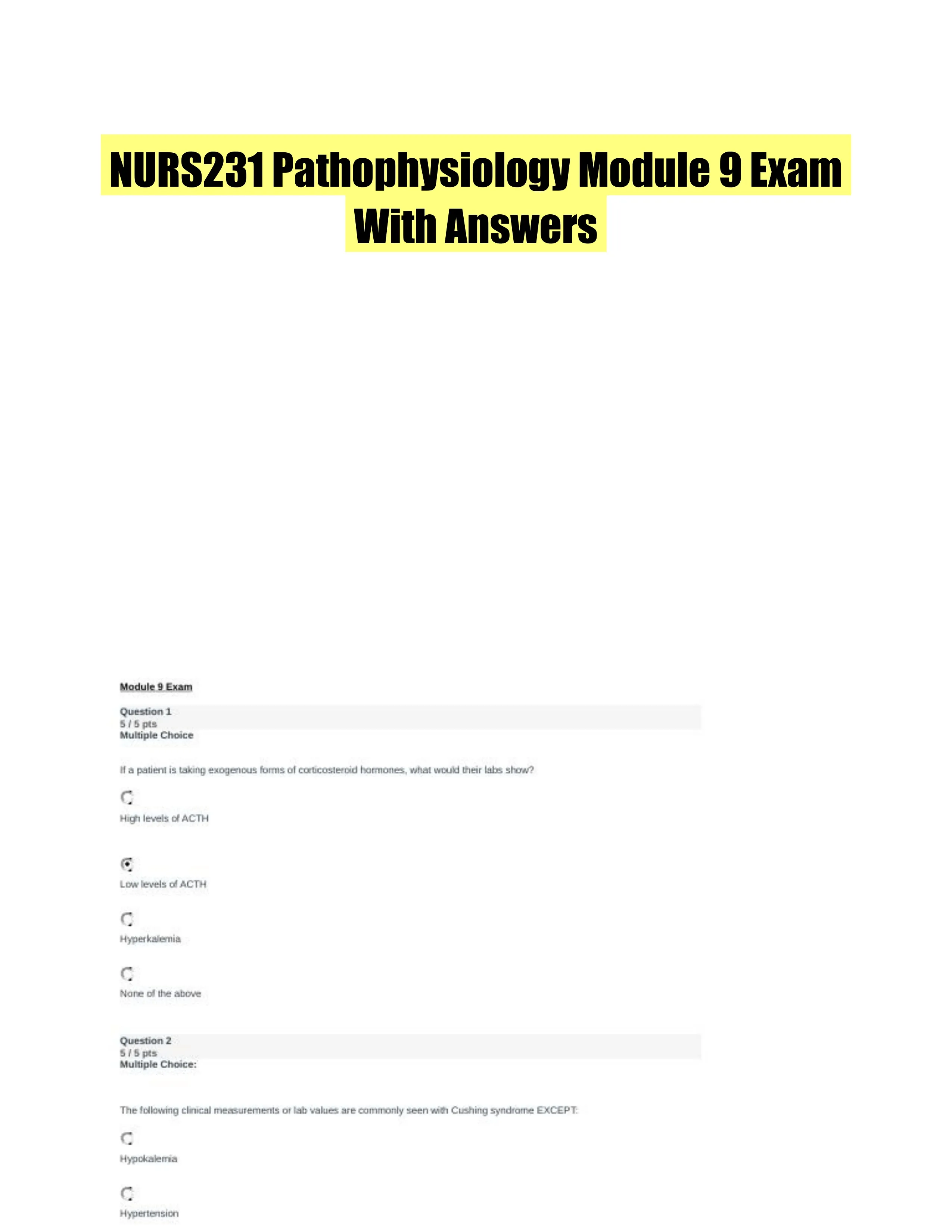 NURS231 Pathophysiology Module 9 Exam With Answers (26 Solved Questions)