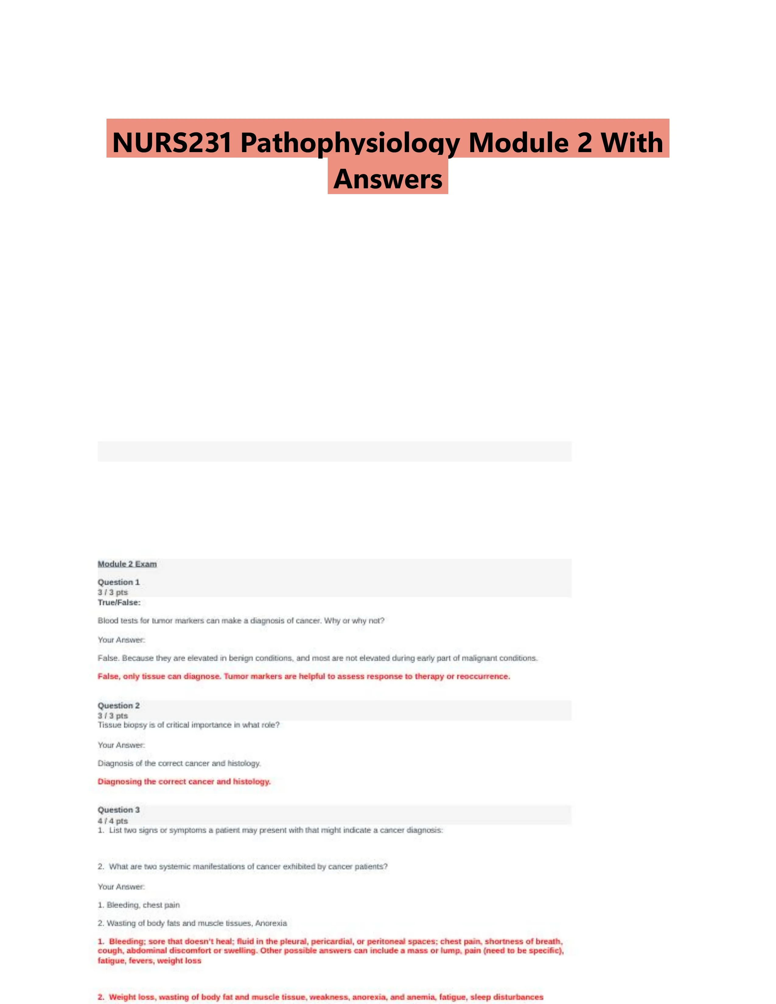 NURS231 Pathophysiology Module 2 With Answers (21 Solved Questions)