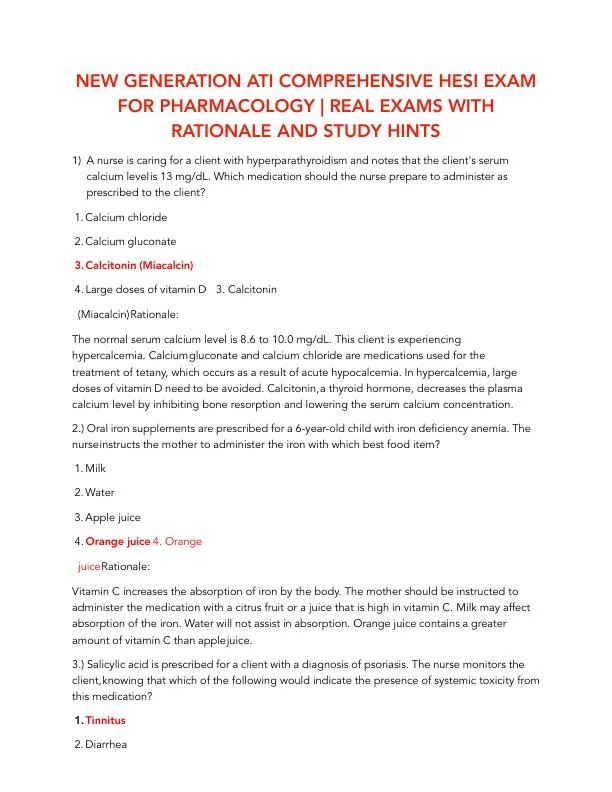 HESI Pharmacology Comprehensive Real Exam With Answers (245 Solved Questions)