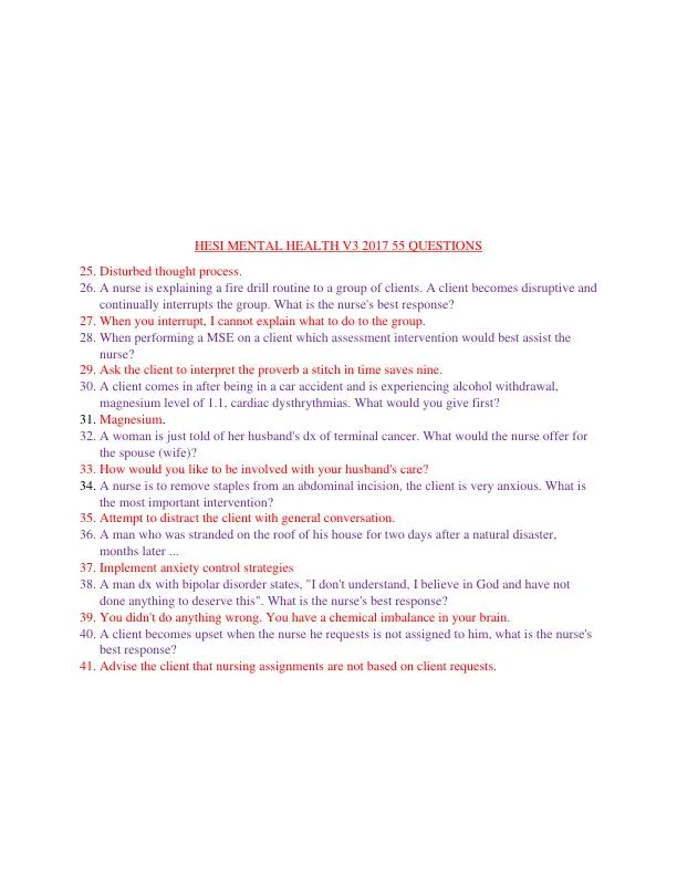 2017 HESI RN Mental Health Testbanks Version 3 With Answers (146 Solved Questions)
