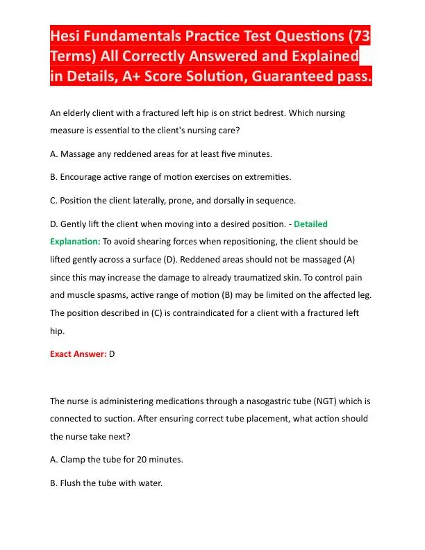 HESI Fundamentals Practice Exam With Answers (73 Solved Questions)