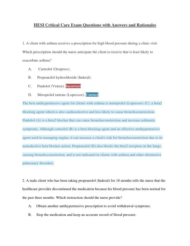 HESI Critical Care Practice Exam With Answers (75 Solved Questions)