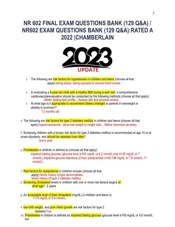 2022-2023 NR602 Pharmacology Final Exam With Answers (129 Solved Questions)