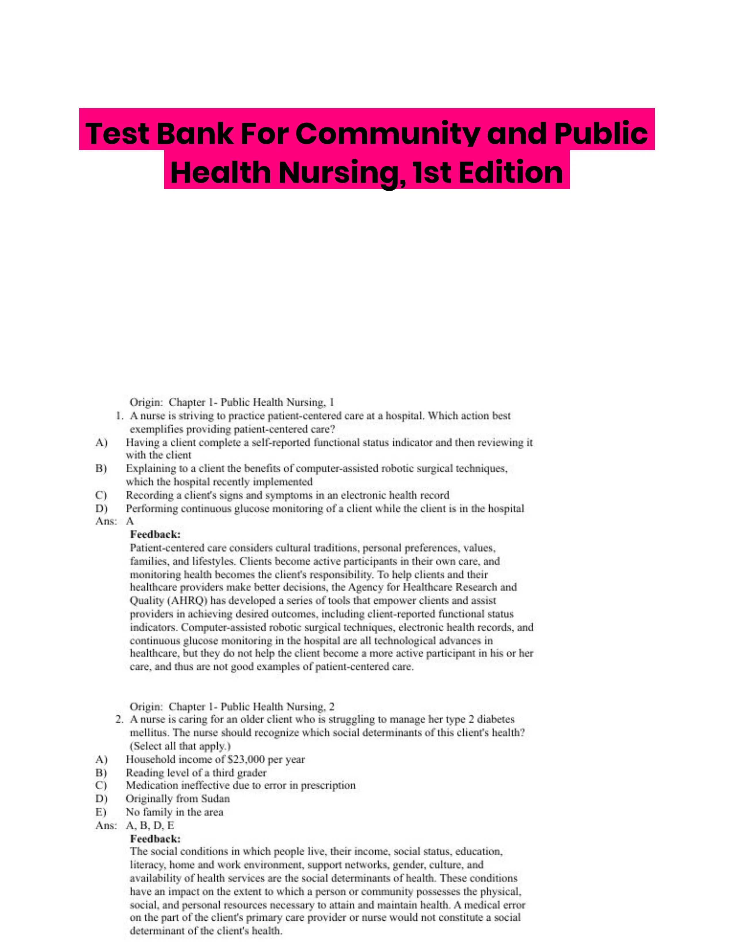 Test Bank For Community and Public Health Nursing, 1st Edition