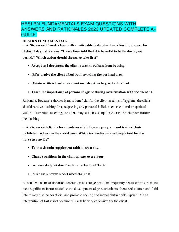 2023 HESI RN Fundamentals Practice Exam With Answers (75 Solved Questions)