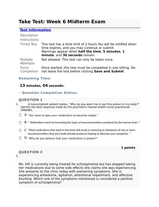 NURS6630 Mental Health Mid term Exam Final Week 6 With Answers (75 Solved Questions)