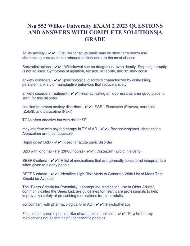 2023 NSG552 Wilkes University Pharmacology Exam 2 With Answers (75 Solved Questions)