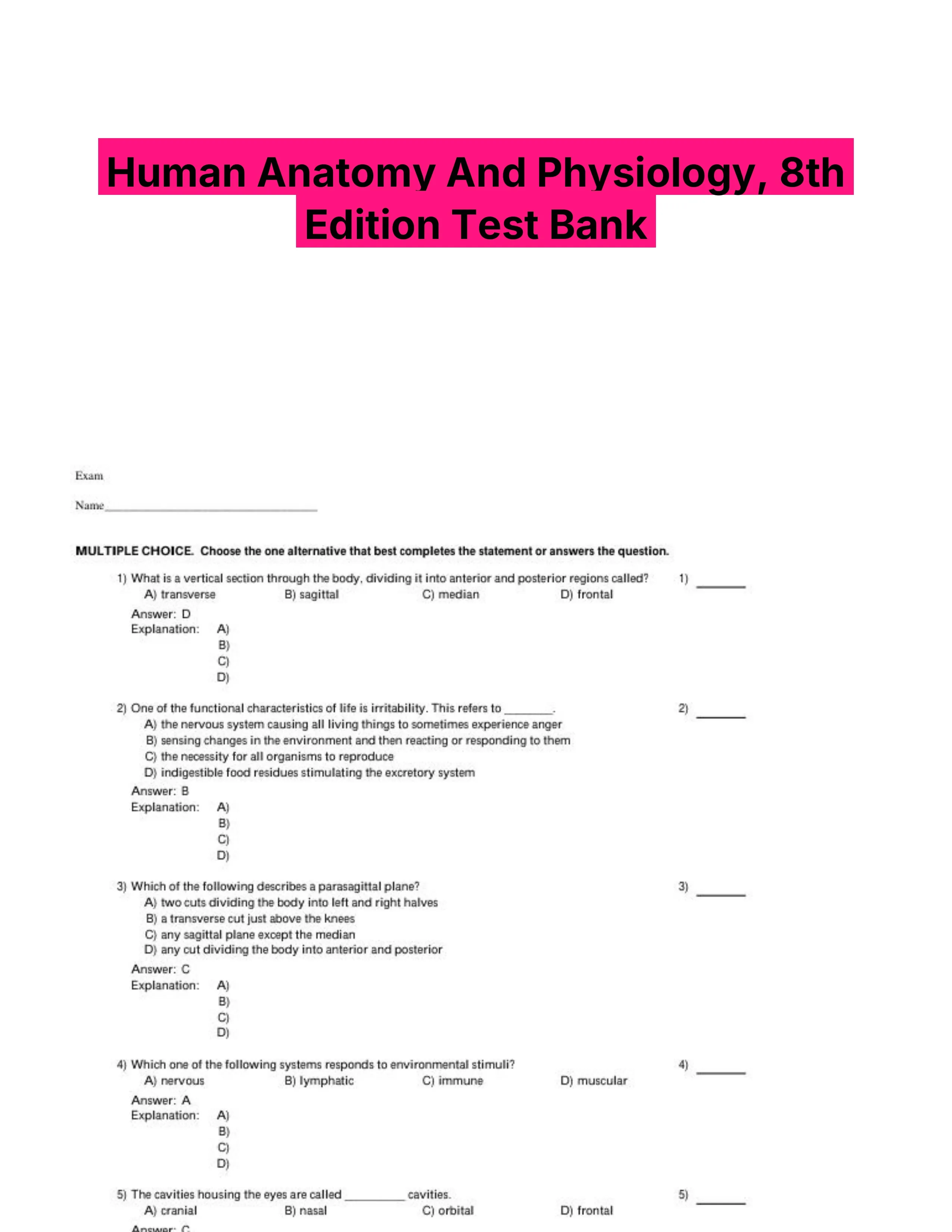 Human Anatomy And Physiology, 8th Edition Test Bank